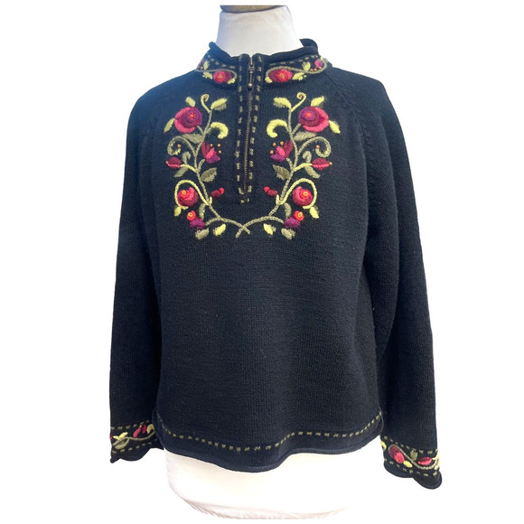Icelandic Design Wool Blend 1/2 Zip Nordic Floral Design Sweater - Picture 1 of 16